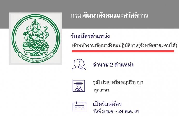 กรมพัฒนาสังคมและสวัสดิการ เปิดสอบงานราชการ งานพัฒนาสังคมปฏิบัติงาน(จังหวัดชายแดนใต้)